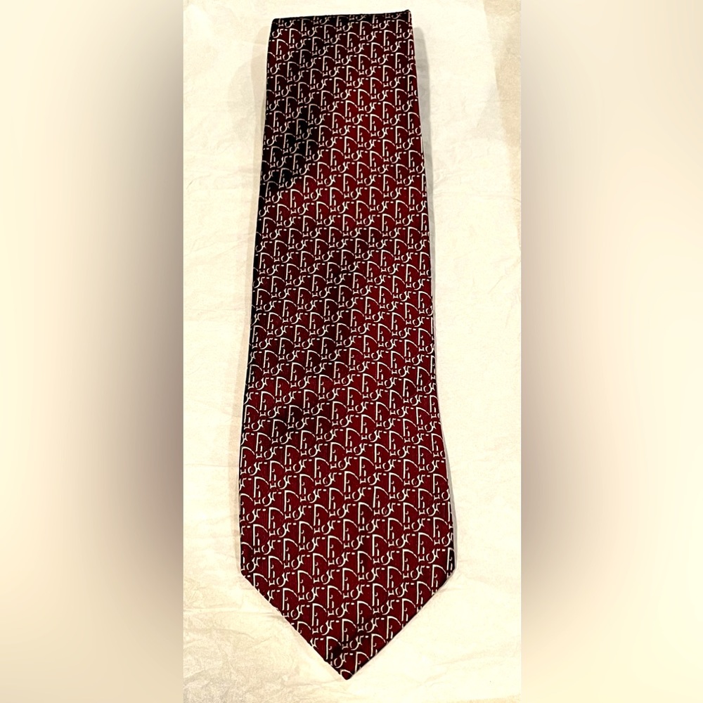 Christian Dior Vintage Neck Tie RARE Signature CD Logo Print Burgundy/White